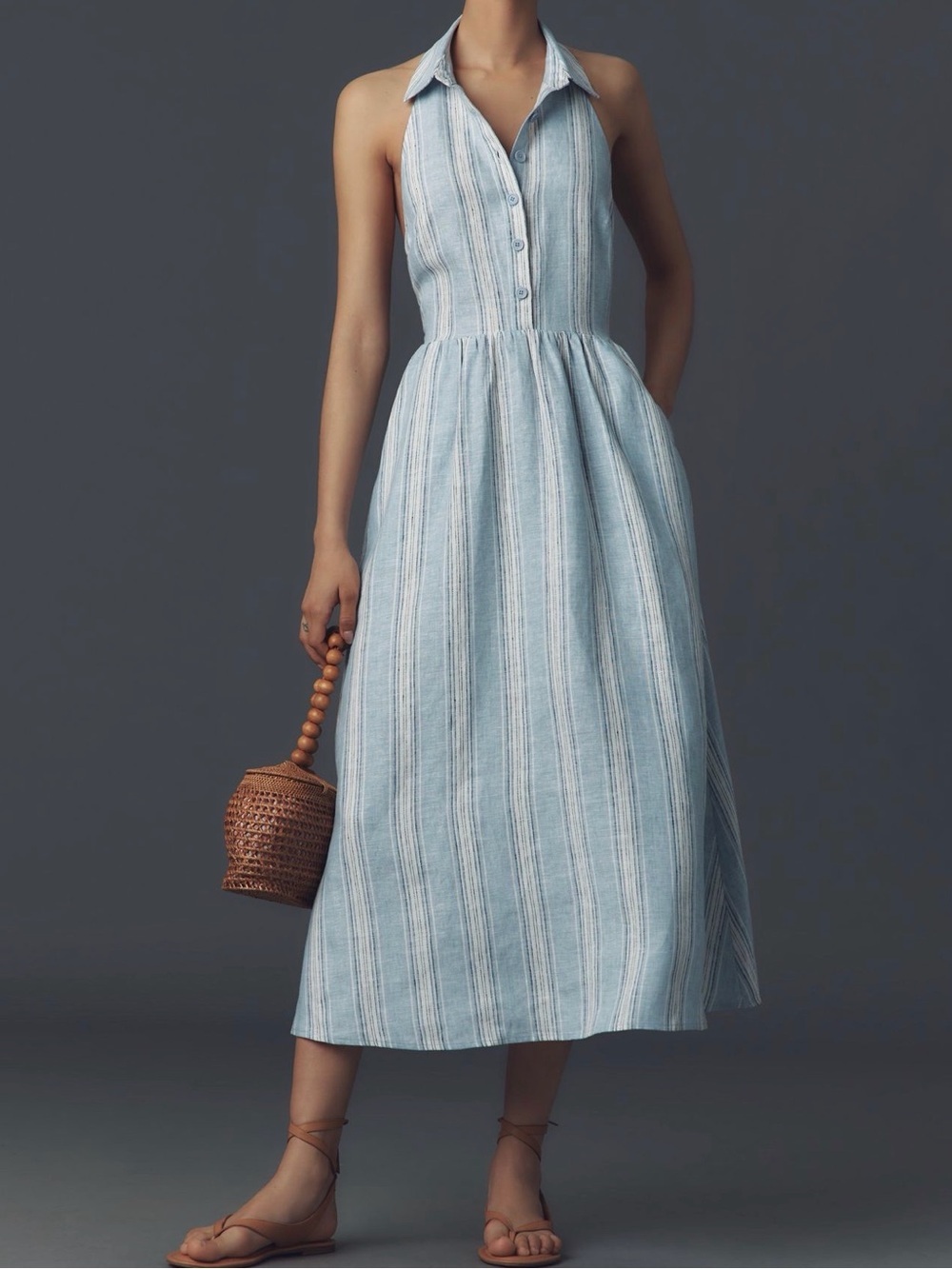 Reformation Light Blue & White Striped Halter Midi Dress 100% linen